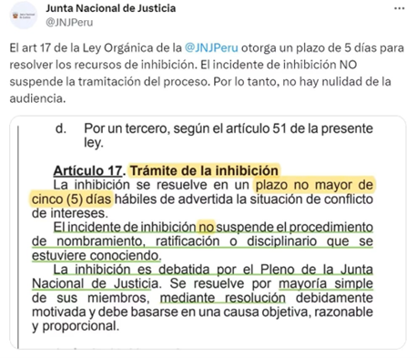 JNJ aclara a la defensa de Patricia Benavides sobre el recurso de inhibición. Foto: X/JNJ